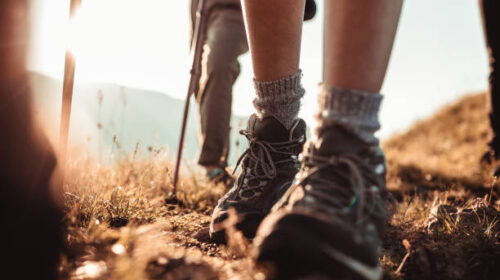 Close up of a group of friends hiking in the mountains